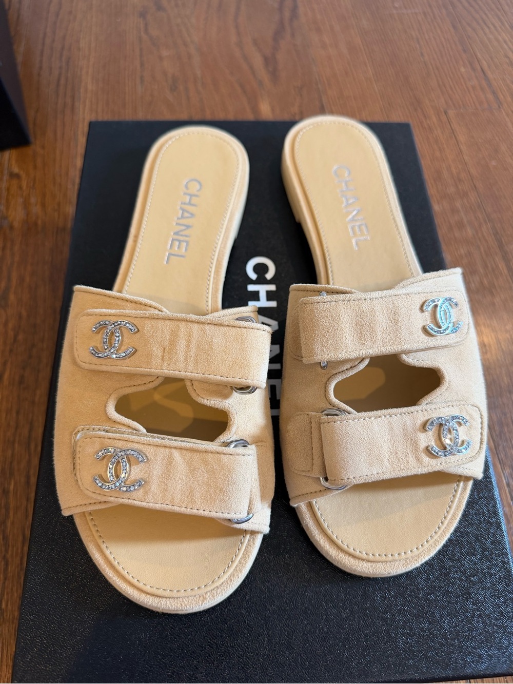 CHANEL Suede Kidskin Velcro Mules 38 Beige